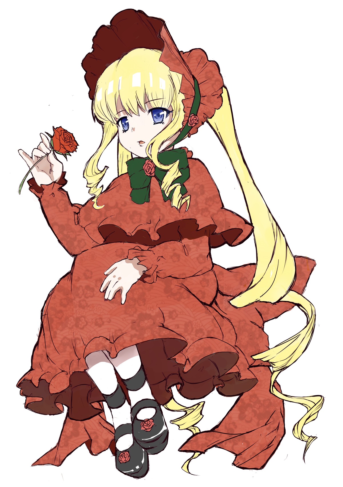 1girl black_footwear blonde_hair blue_eyes bonnet bow bowtie dress drill_hair flower full_body image long_hair long_sleeves looking_at_viewer mary_janes red_dress red_flower red_rose rose shinku shoes sidelocks simple_background sitting solo very_long_hair white_background