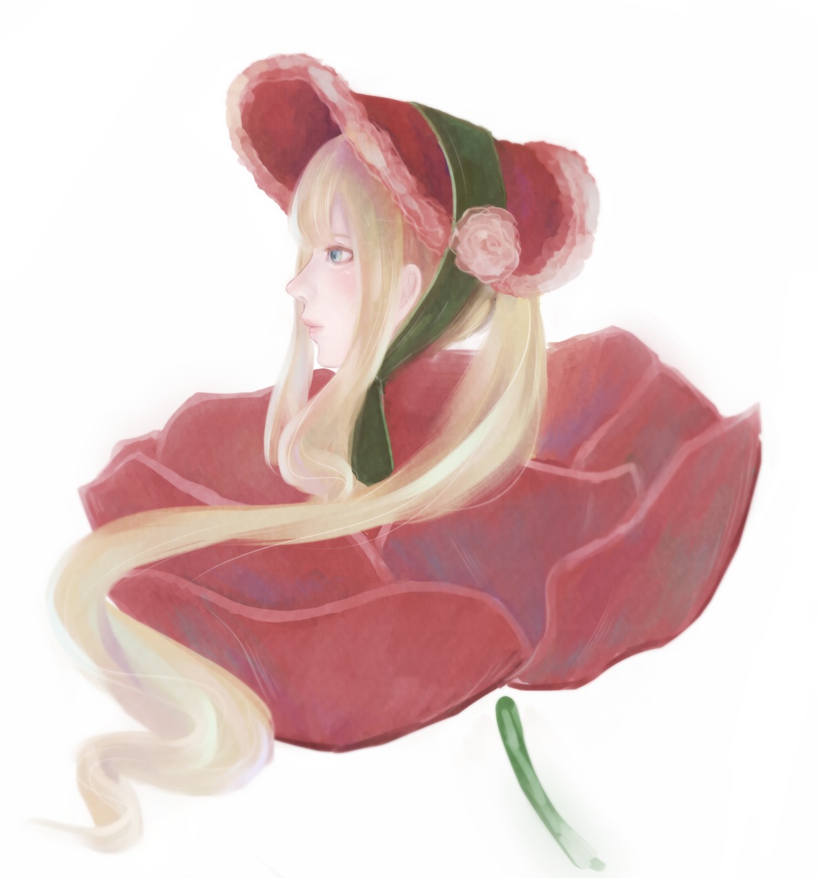 1girl auto_tagged blonde_hair blue_eyes capelet closed_mouth flower hat image long_hair profile shinku solo striped striped_background upper_body vertical_stripes white_background