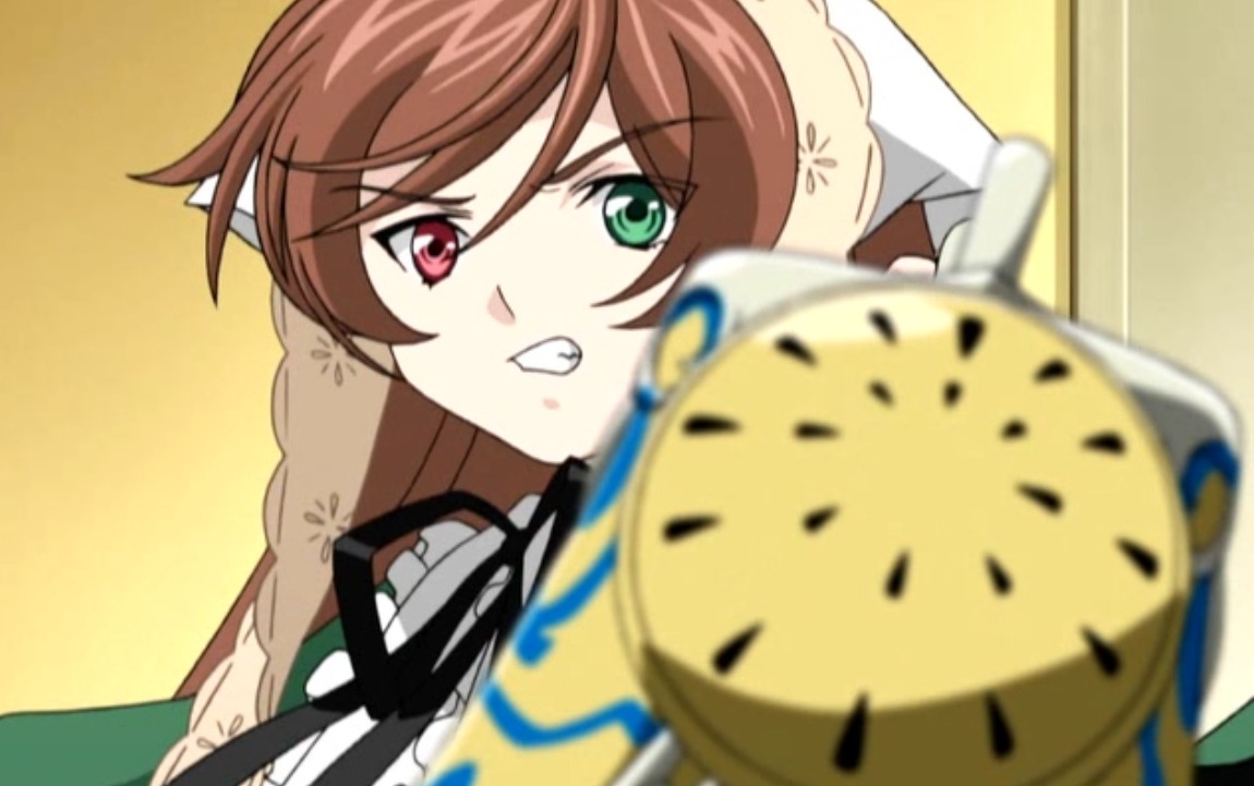 1girl blurry blurry_background blurry_foreground brown_hair clenched_teeth depth_of_field green_eyes heterochromia long_hair motion_blur red_eyes solo suiseiseki teeth