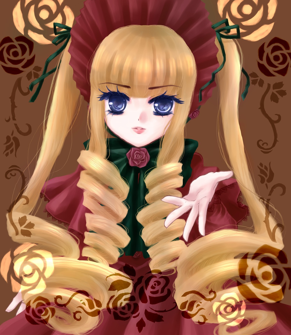 1girl blonde_hair blue_eyes bonnet bow bowtie brown_background dress drill_hair flower green_bow image long_hair long_sleeves looking_at_viewer pink_flower pink_rose red_dress red_flower red_rose rose shinku sidelocks solo twin_drills twintails upper_body very_long_hair