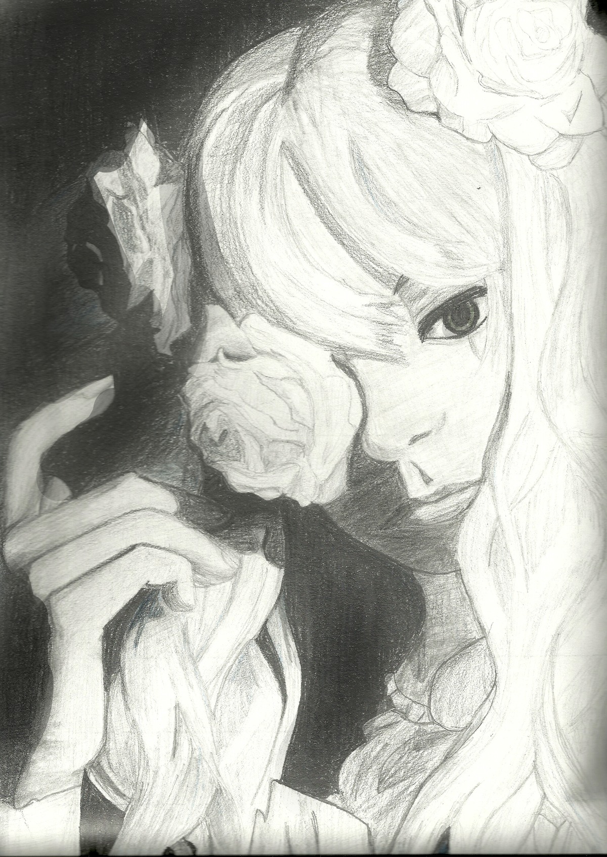 1girl flower hair_flower hair_ornament kirakishou monochrome rose solo traditional_media white_flower white_rose