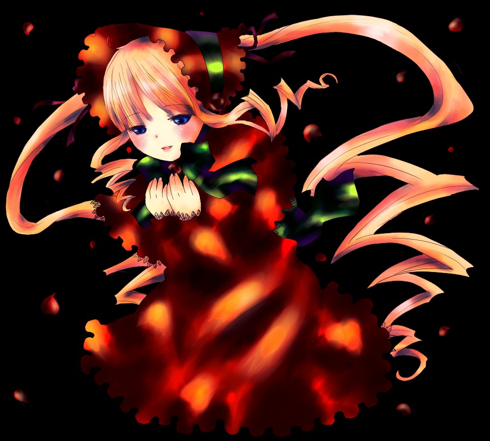 1girl blonde_hair blue_eyes bonnet dress drill_hair full_body image long_hair long_sleeves looking_at_viewer open_mouth petals red_dress rose rose_petals shinku solo twin_drills twintails