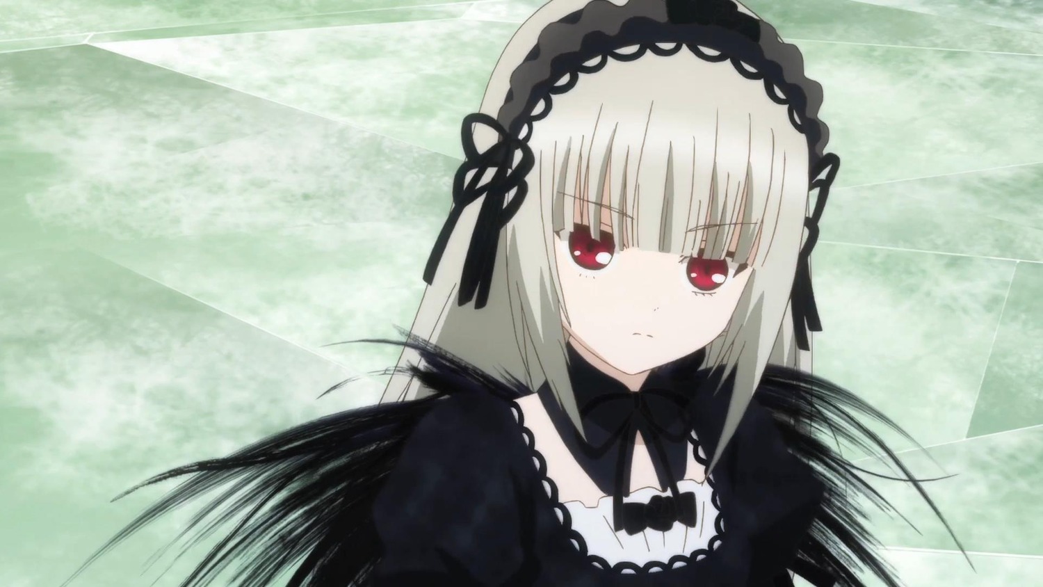 1girl bangs black_dress black_ribbon black_wings closed_mouth detached_collar dress expressionless frills hairband image juliet_sleeves long_hair long_sleeves looking_at_viewer puffy_sleeves red_eyes silver_hair solo suigintou upper_body wings