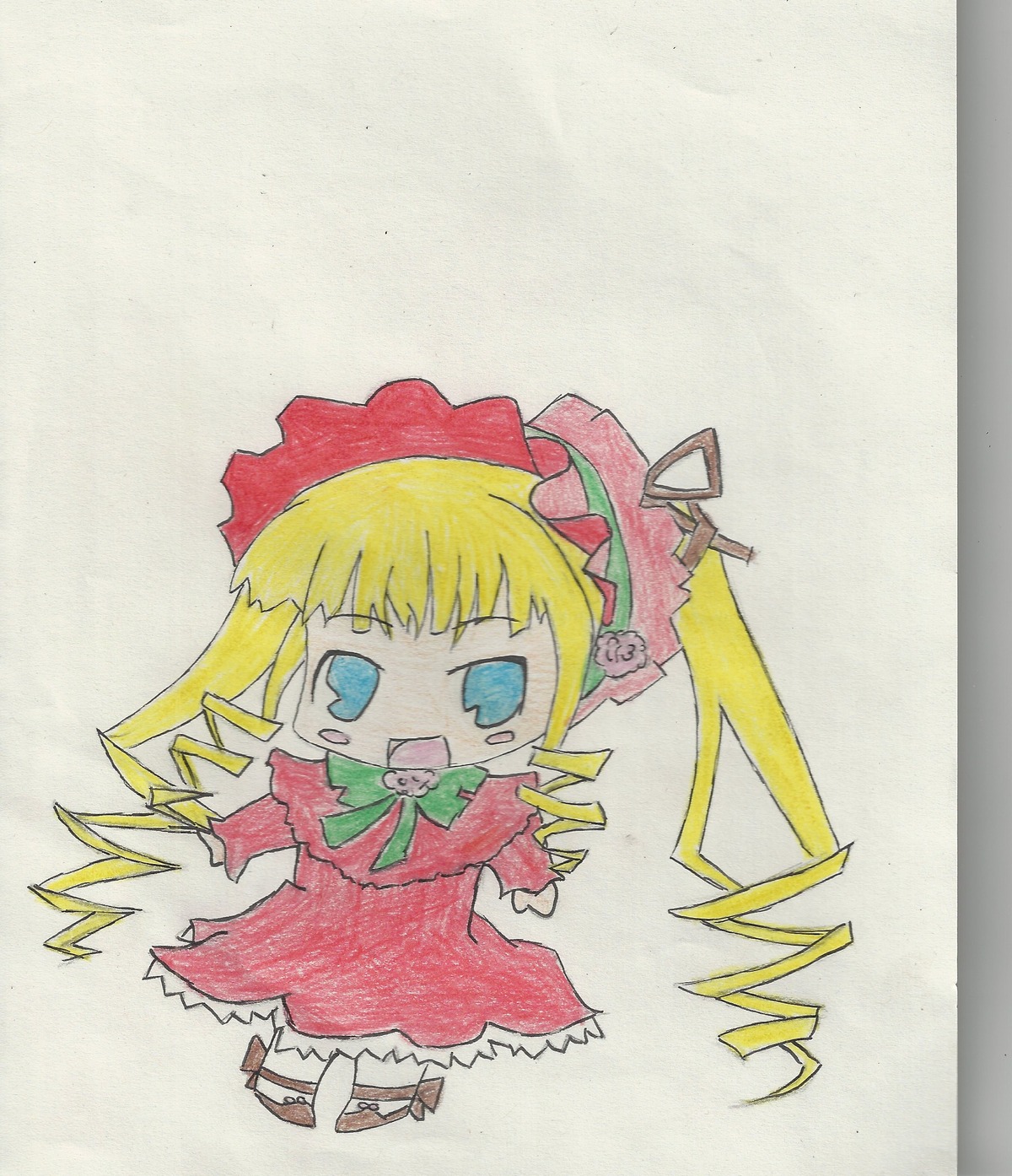 1girl blonde_hair blue_eyes blush_stickers bonnet bow bowtie chibi dress full_body image long_hair long_sleeves marker_(medium) open_mouth red_dress shinku simple_background solo traditional_media