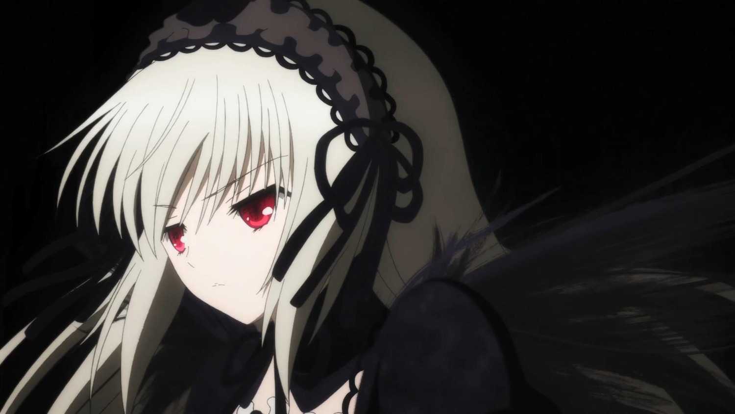 1girl bangs black_background black_ribbon black_wings closed_mouth detached_collar dress flower frills hairband image long_hair long_sleeves looking_at_viewer red_eyes ribbon rose silver_hair simple_background solo suigintou wings