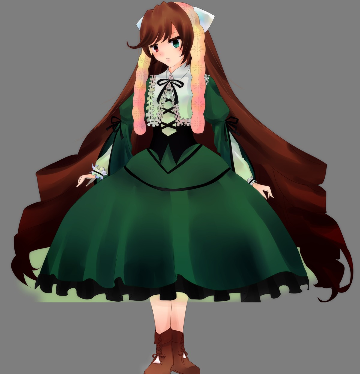 1girl boots brown_hair dress frills full_body green_dress green_eyes head_scarf heterochromia image long_hair long_sleeves looking_at_viewer red_eyes ribbon solo suiseiseki transparent_background twintails very_long_hair