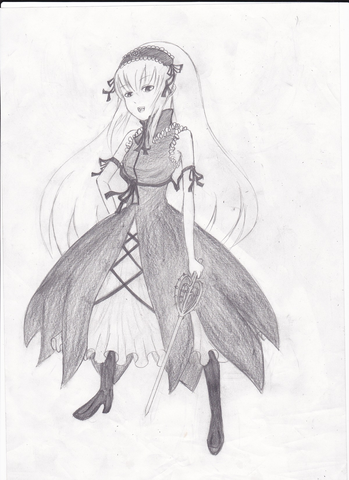 1girl boots dress frills full_body greyscale hairband high_heel_boots image knee_boots long_hair long_sleeves looking_at_viewer monochrome open_mouth solo standing suigintou traditional_media very_long_hair