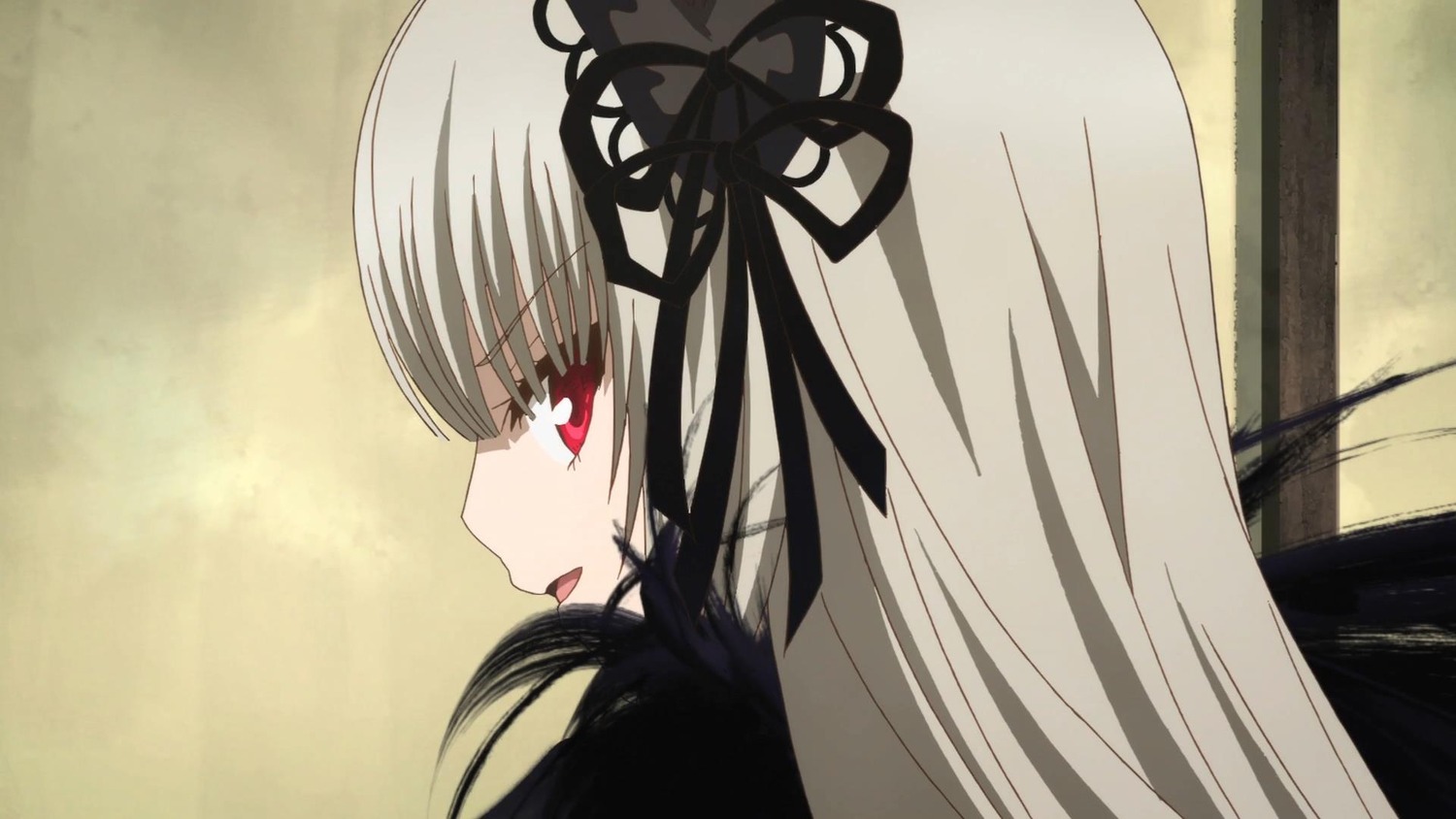 1girl :d bangs black_ribbon dress hair_ribbon image long_hair profile red_eyes ribbon smile solo suigintou