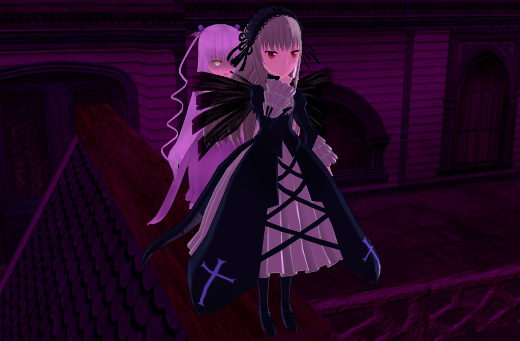 barasuishou black_wings boots dress flower frills hairband image long_hair long_sleeves looking_at_viewer multiple_girls ribbon rose siblings sisters solo stained_glass standing suigintou wings yellow_eyes