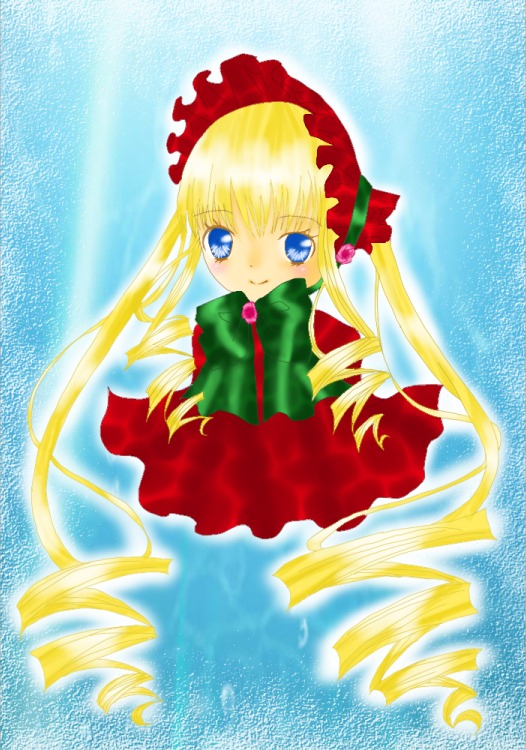 1girl blonde_hair blue_eyes bonnet bow bowtie dress drill_hair full_body green_bow green_neckwear image long_hair long_sleeves looking_at_viewer shinku smile solo twin_drills twintails v_arms very_long_hair