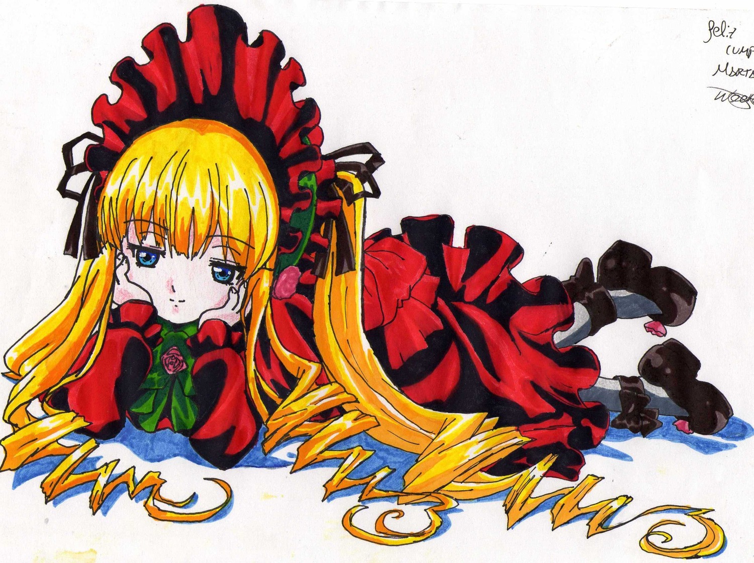 1girl bangs black_footwear blonde_hair blue_eyes blush bonnet bow bowtie chin_rest dated dress flower frills green_bow image long_hair long_sleeves looking_at_viewer lying marker_(medium) on_stomach red_dress red_flower rose shinku signature solo traditional_media