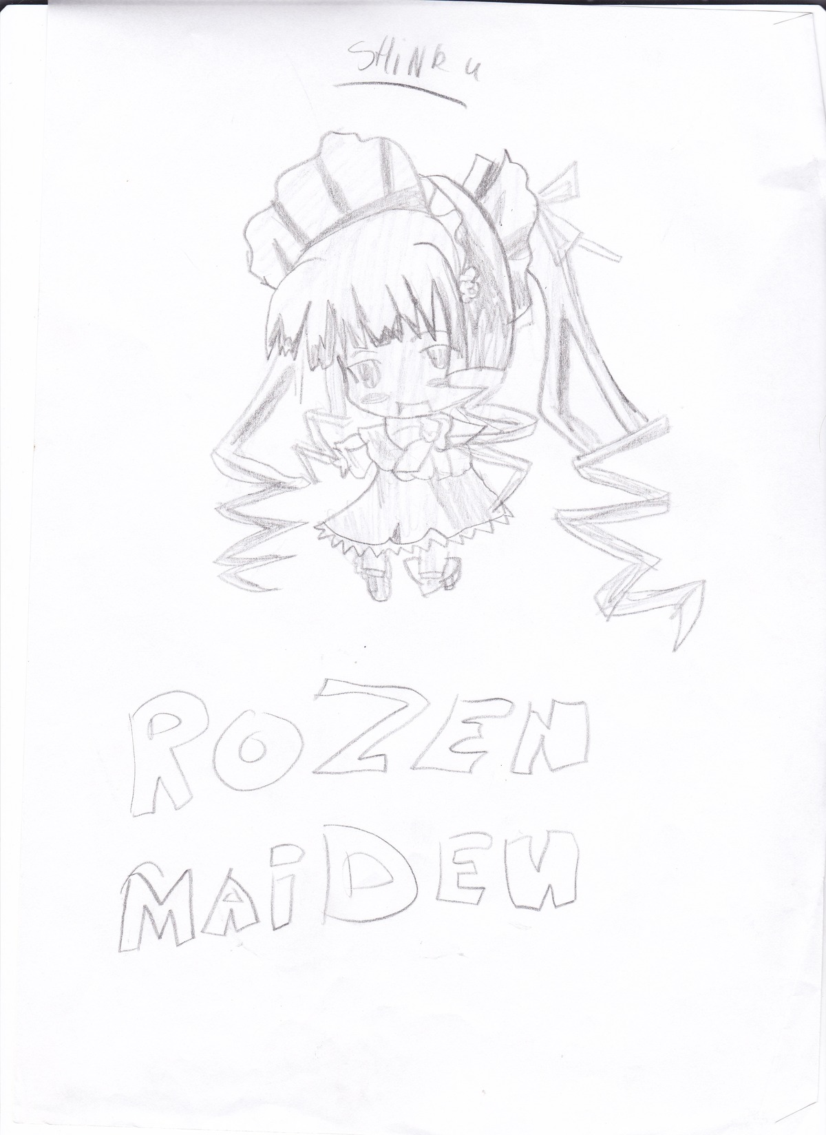 1girl auto_tagged chibi dress greyscale image long_sleeves maid_headdress monochrome shinku solo striped