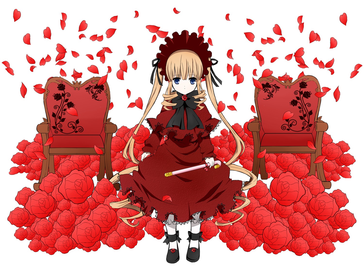 1girl blonde_hair blue_eyes bonnet bow capelet dress flower image long_hair petals red_dress red_flower red_rose rose rose_petals shinku sitting solo striped twintails