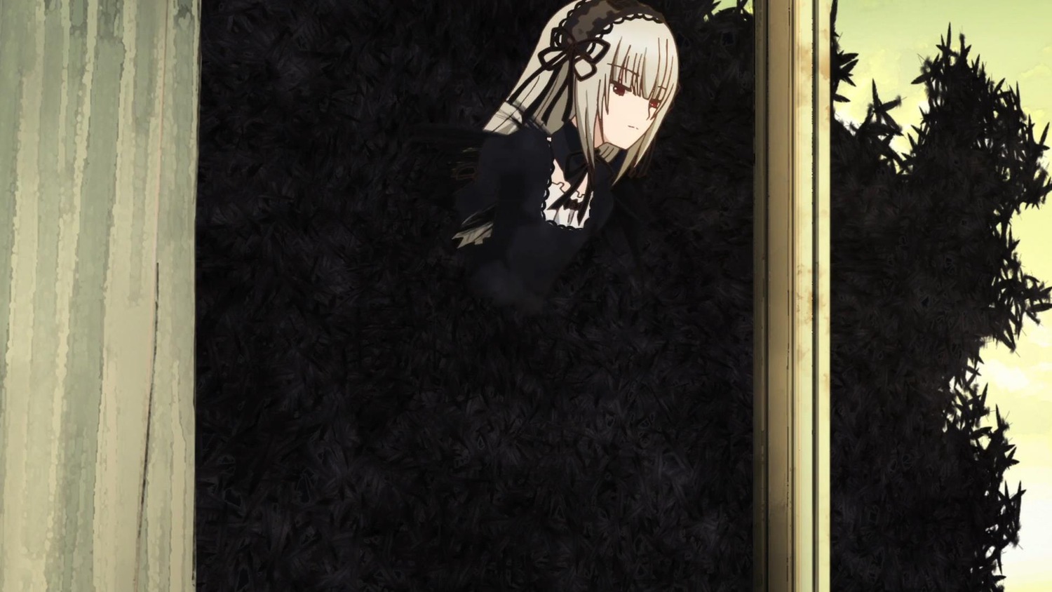 1girl auto_tagged bangs black_dress closed_mouth curtains dress eyebrows_visible_through_hair flower forest gothic_lolita hairband image lolita_fashion long_sleeves looking_at_viewer nature outdoors red_eyes ribbon rose solo suigintou tree