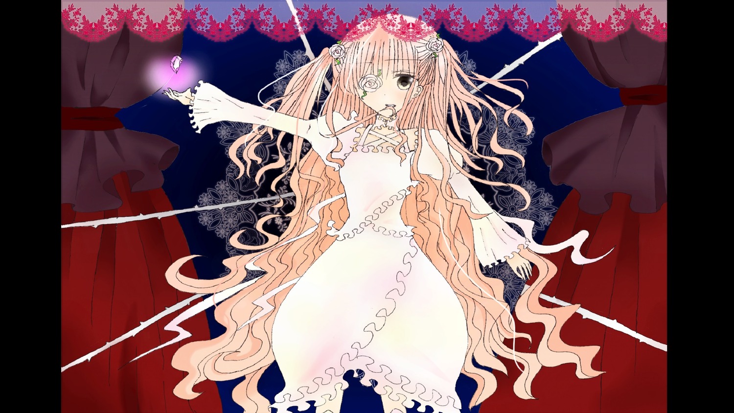 1girl curtains dress flower frills hair_flower hair_ornament image kirakishou letterboxed long_hair pink_hair rose solo very_long_hair wavy_hair