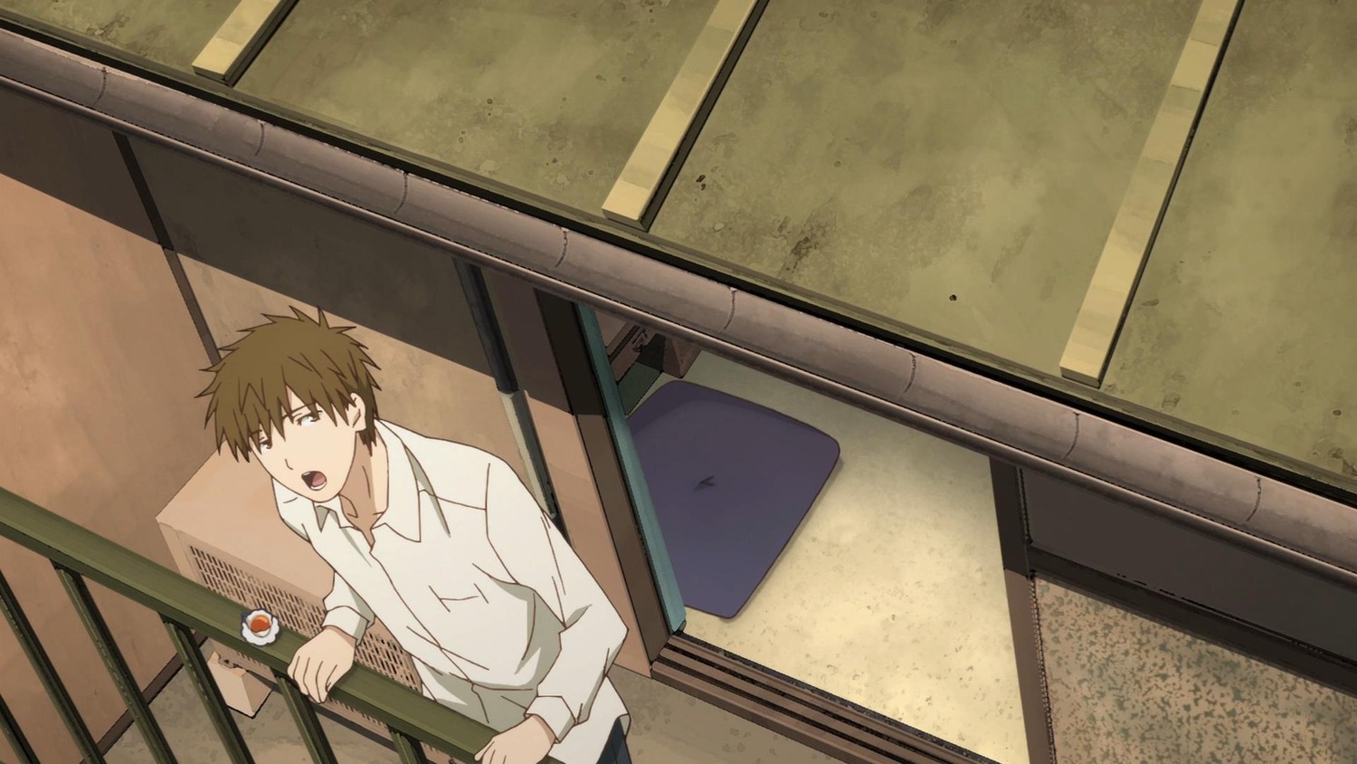 1boy brown_hair collared_shirt food from_above human indoors long_sleeves open_mouth pants sakurada_jun screenshot shirt solo white_shirt