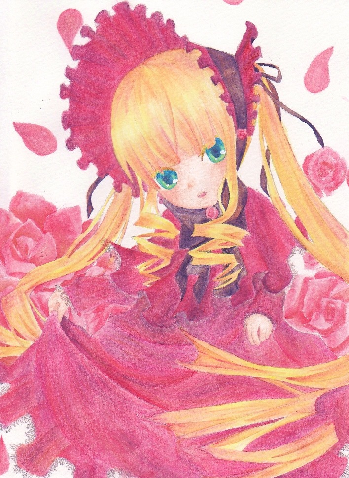 1girl blonde_hair bow dress drill_hair flower frills image long_hair long_sleeves looking_at_viewer marker_(medium) petals pink_flower pink_rose red_flower rose rose_petals shinku solo traditional_media twin_drills very_long_hair watercolor_(medium)