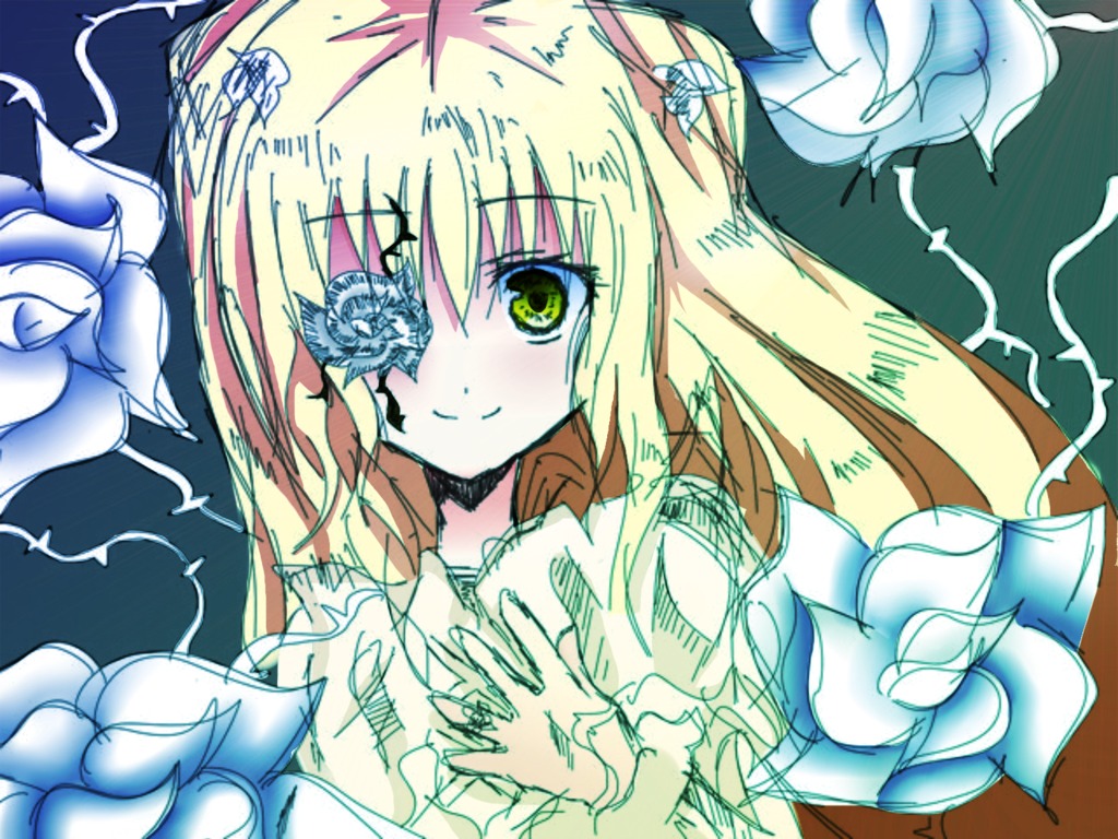 1girl animal_ears blonde_hair closed_mouth eyebrows_visible_through_hair flower green_eyes image kirakishou long_hair looking_at_viewer smile solo