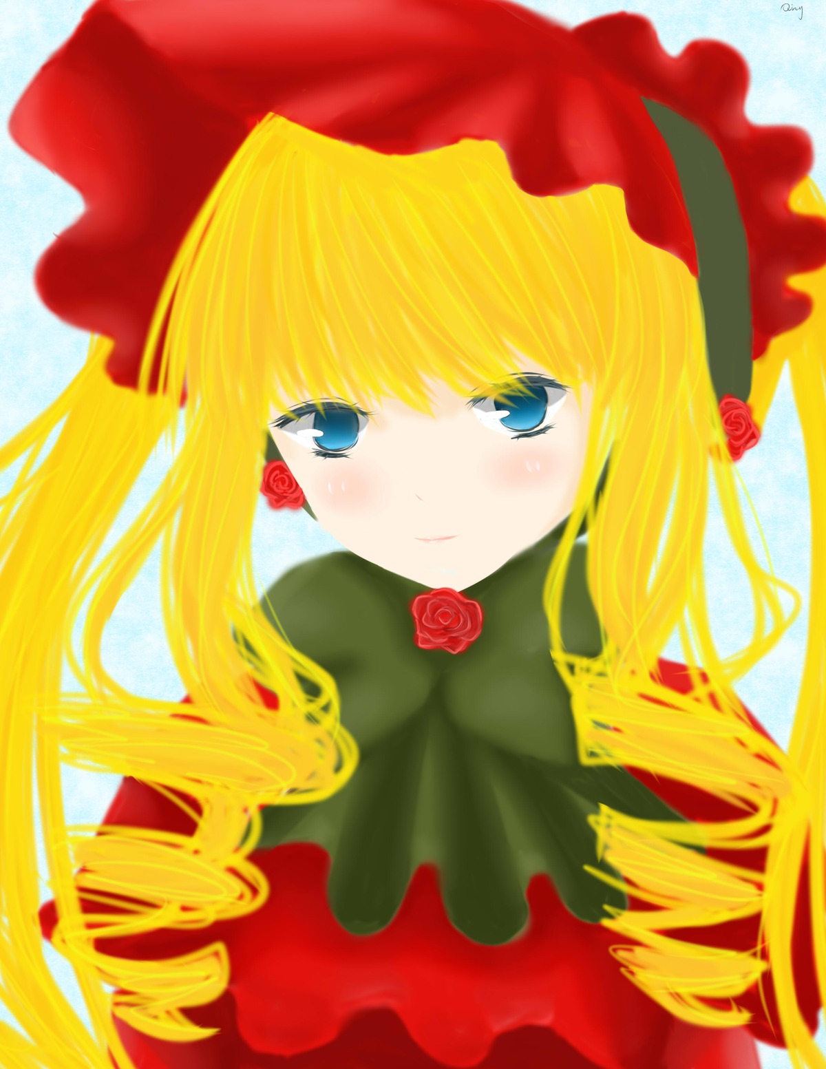 1girl auto_tagged blonde_hair blue_eyes blush bow dress flower green_bow image long_hair looking_at_viewer red_flower red_rose rose shinku solo twintails upper_body