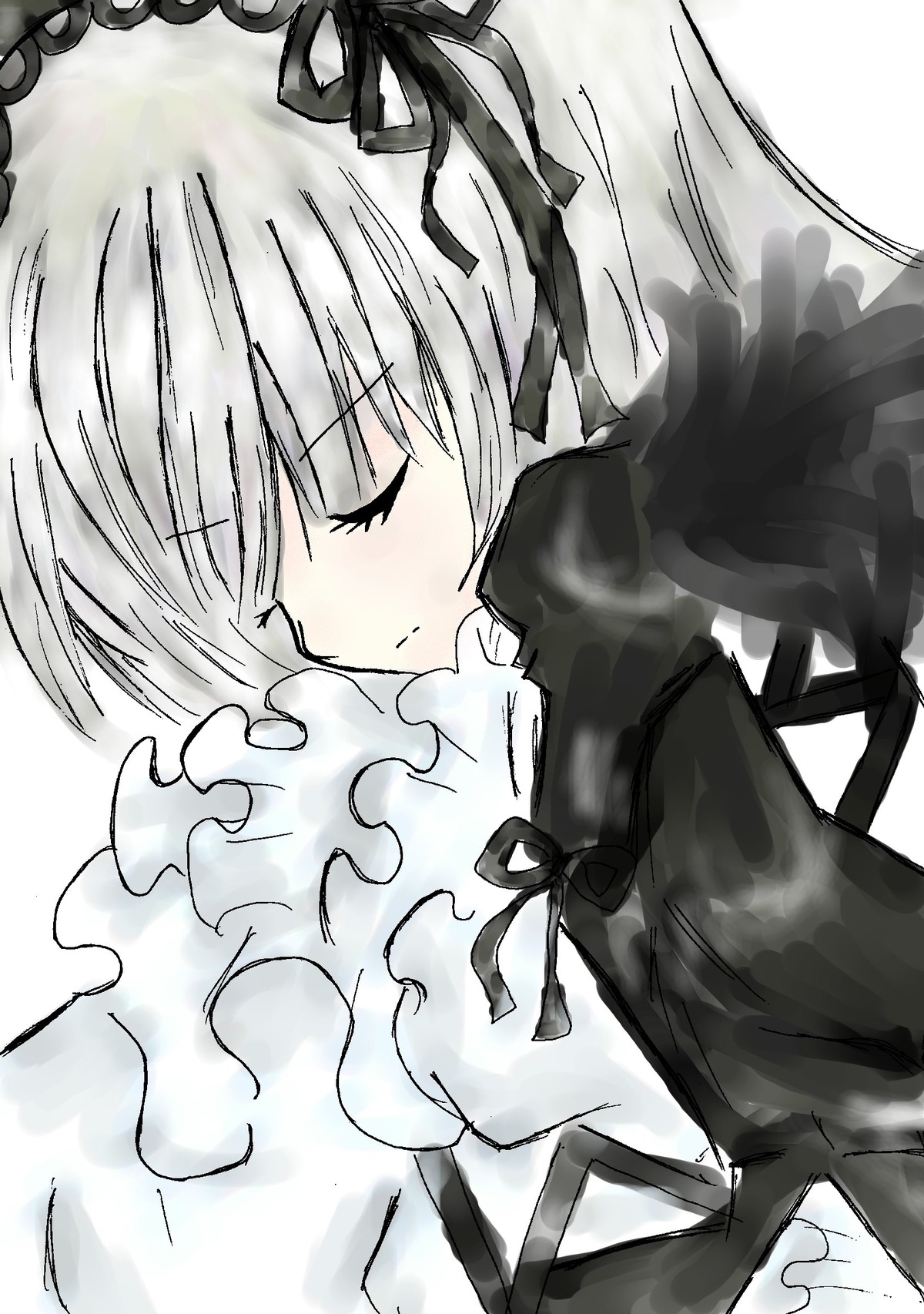 1girl bangs black_dress black_ribbon black_wings closed_eyes closed_mouth dress frills hair_ribbon hairband image long_hair long_sleeves neck_ribbon puffy_sleeves ribbon silver_hair solo suigintou upper_body white_background wings