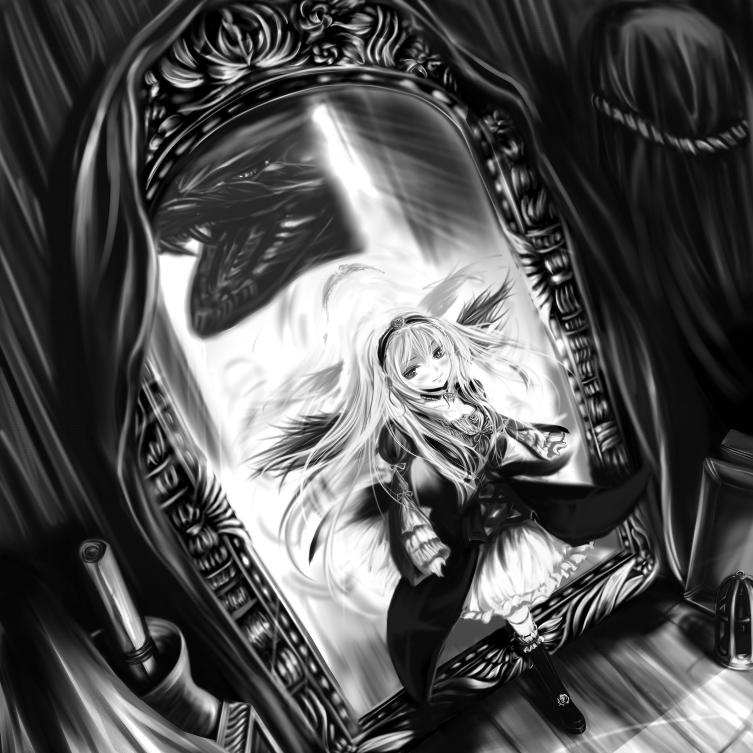 1girl absurdres bad_id bad_pixiv_id boots choker doll_joints dragon dress dutch_angle gothic_lolita greyscale hairband highres image joints knee_boots lolita_fashion long_hair mirror monochrome rozen_maiden solo striped striped_legwear suigin_(rumina01) suigintou wings