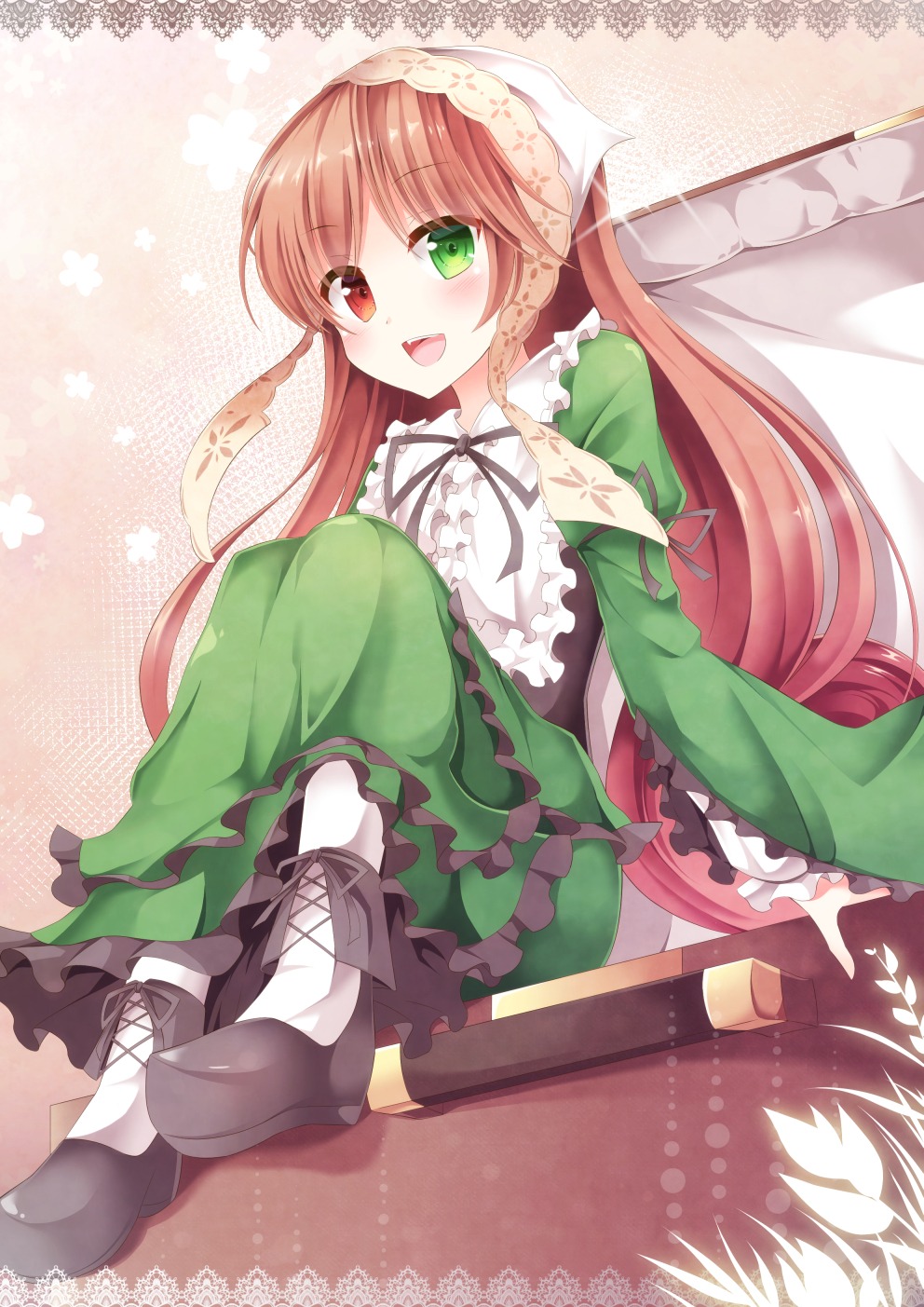 1girl :d aibumi bad_id bad_pixiv_id blush bonnet brown_hair bug butterfly commentary_request dress frilled_dress frills green_dress green_eyes head_scarf heterochromia highres image insect juliet_sleeves long_hair long_sleeves open_mouth pantyhose puffy_sleeves red_eyes rozen_maiden shoes sitting smile solo suiseiseki very_long_hair white_legwear