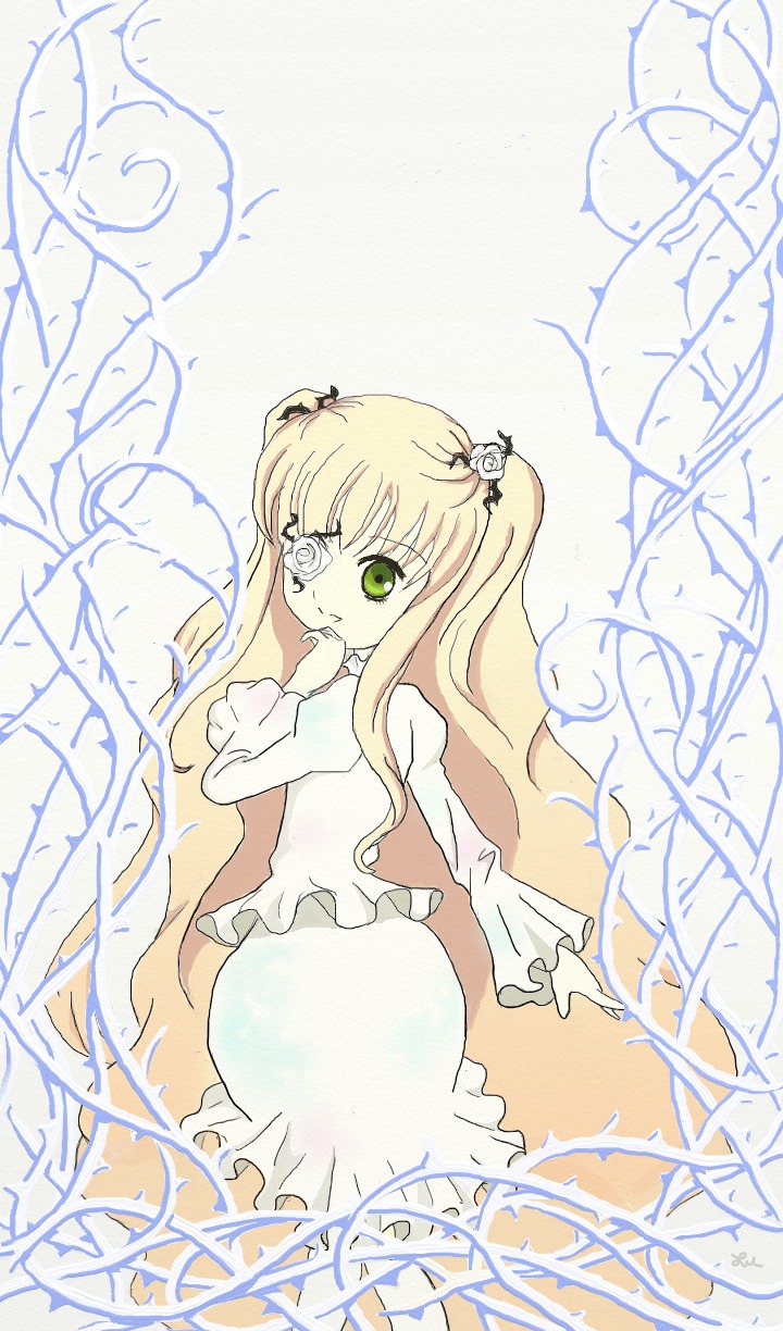 1girl auto_tagged bangs blonde_hair dress eyepatch flower frills green_eyes hair_ornament image kirakishou long_hair long_sleeves looking_at_viewer solo two_side_up white_dress