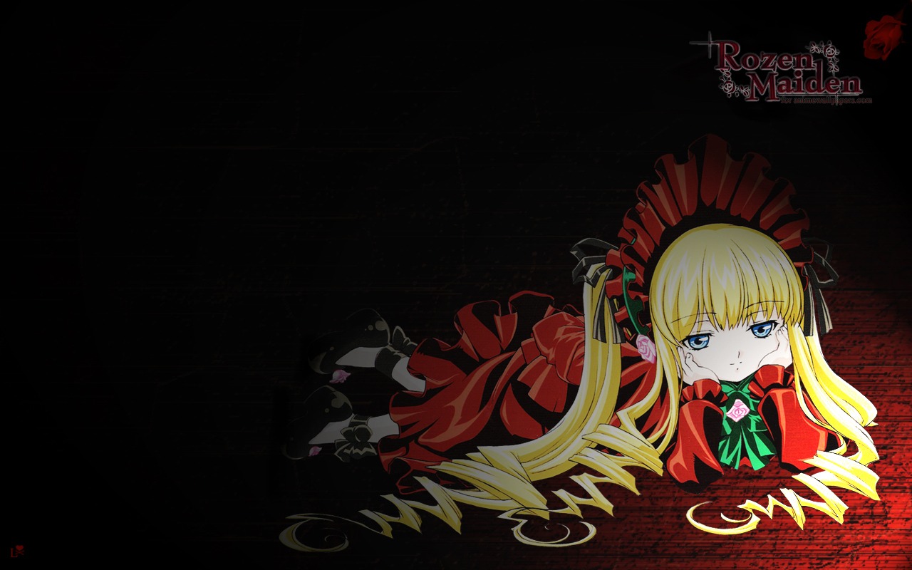 1girl blonde_hair blue_eyes bonnet bow bowtie dress flower image long_hair long_sleeves looking_at_viewer red_dress rose shinku solo twintails