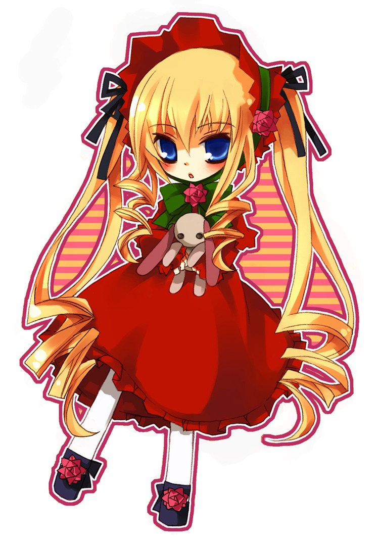 1girl blonde_hair blue_eyes blush bonnet bow dress drill_hair flower full_body image long_hair long_sleeves looking_at_viewer pantyhose red_dress ringlets rose shinku shoes solo stuffed_animal twin_drills twintails white_legwear