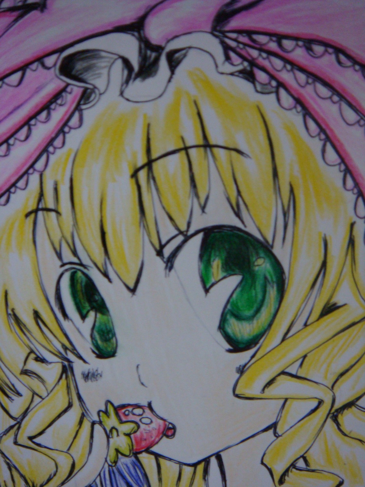 1girl blonde_hair candy close-up face food frills green_eyes hat hinaichigo image looking_at_viewer open_mouth solo