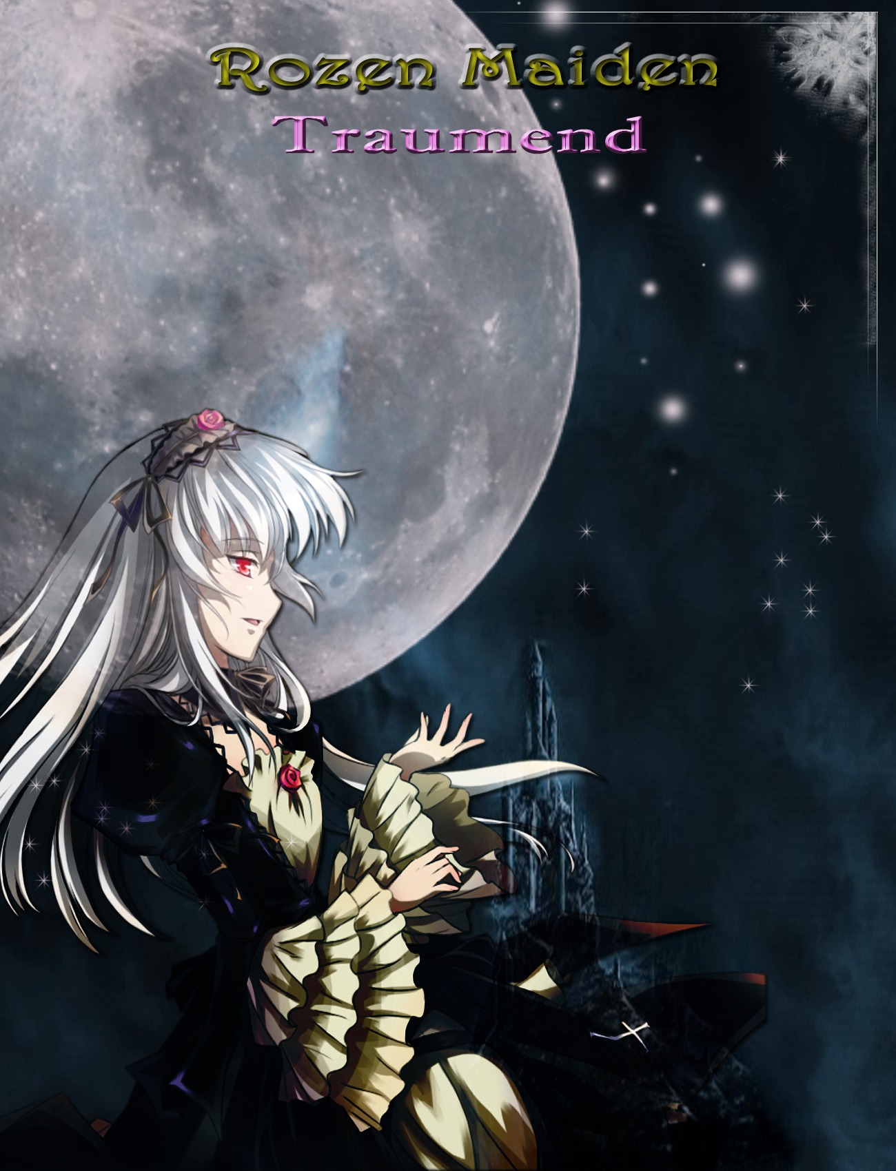 1girl black_dress dress flower frilled_sleeves frills full_moon gothic_lolita hairband image lolita_fashion lolita_hairband long_hair long_sleeves moon night profile red_eyes rose silver_hair sky solo suigintou wide_sleeves