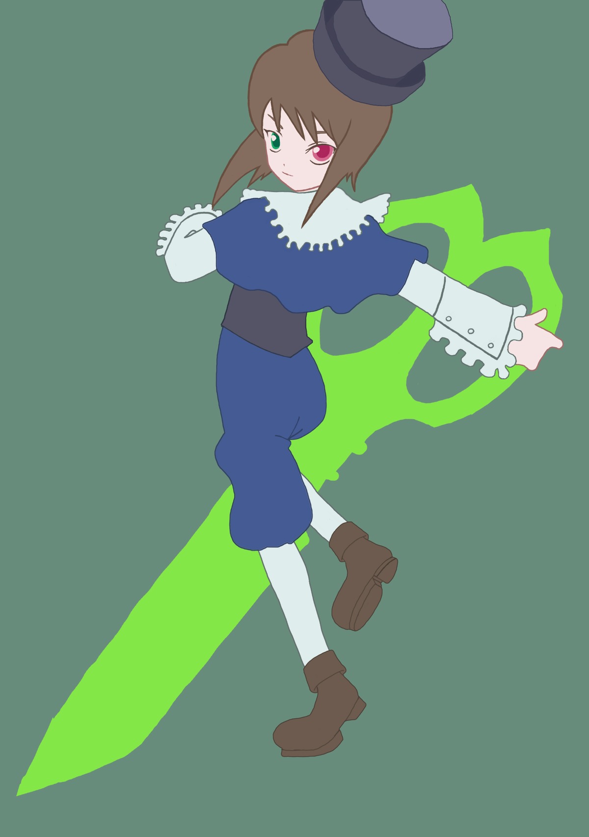 1girl blue_dress brown_footwear brown_hair dress full_body green_background green_eyes hat heterochromia image long_sleeves looking_at_viewer pants pantyhose red_eyes short_hair simple_background solo souseiseki standing top_hat white_legwear