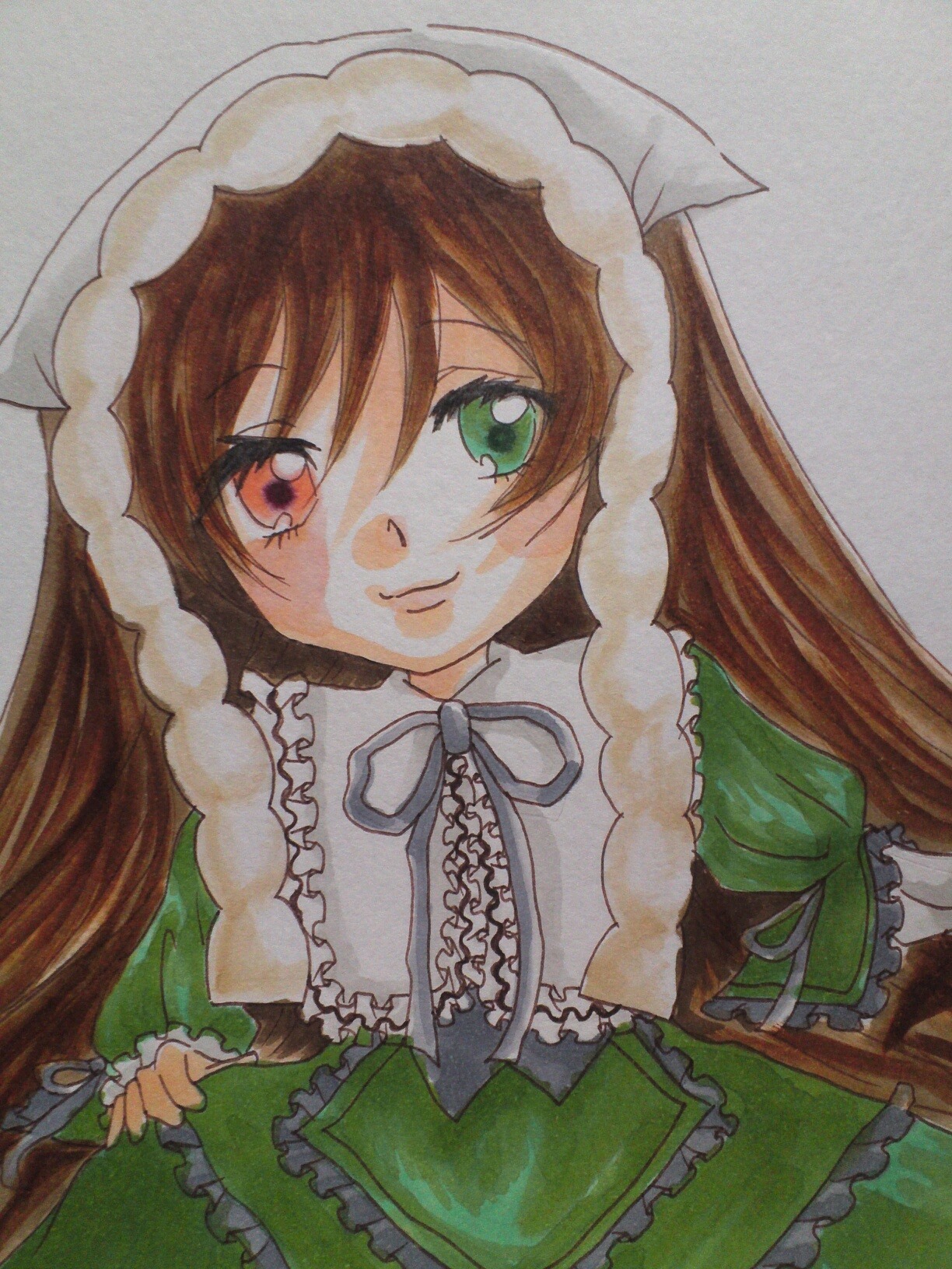 1girl braid brown_hair dress frills green_dress green_eyes hat head_scarf image long_hair long_sleeves looking_at_viewer marker_(medium) millipen_(medium) red_eyes ribbon simple_background smile solo suiseiseki traditional_media twin_braids watercolor_(medium) white_background