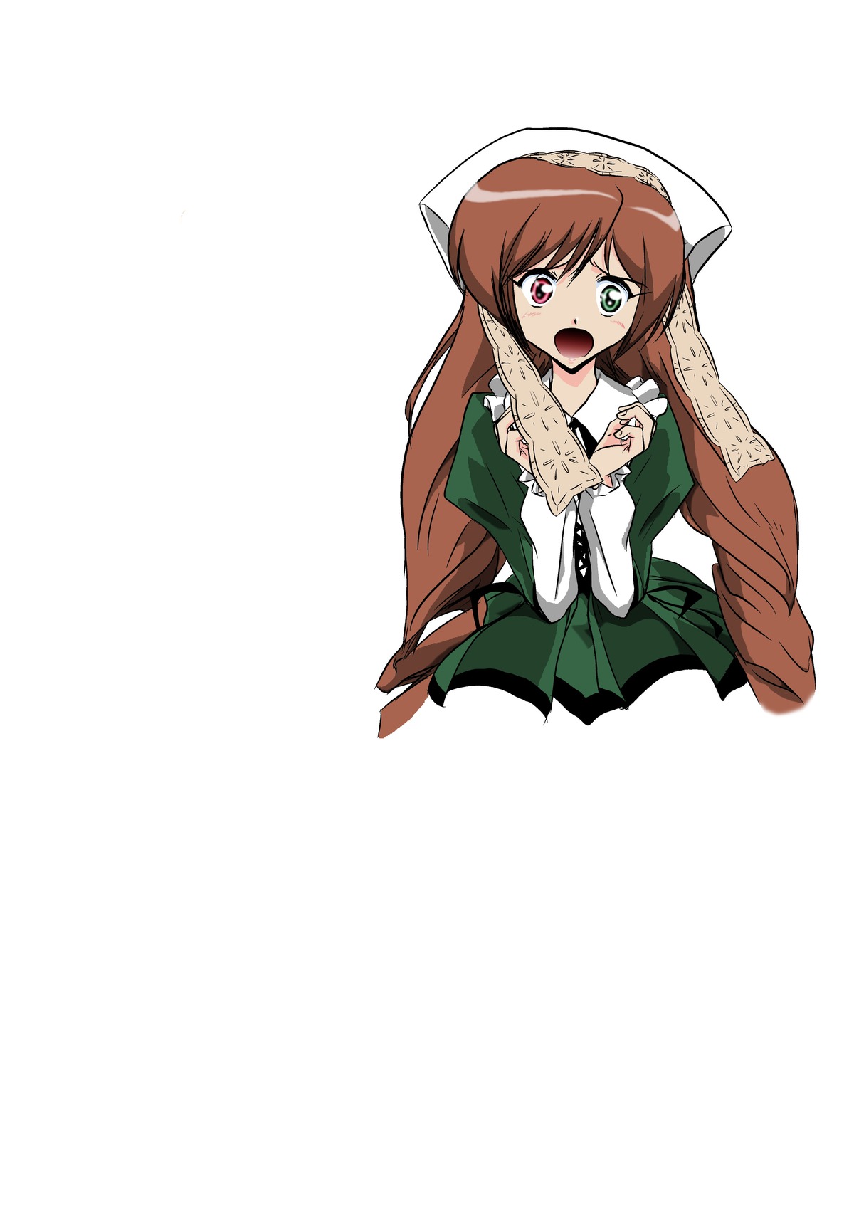 1girl :o brown_hair dress green_dress green_eyes heterochromia image long_hair long_sleeves looking_at_viewer open_mouth red_eyes simple_background solo suiseiseki very_long_hair white_background