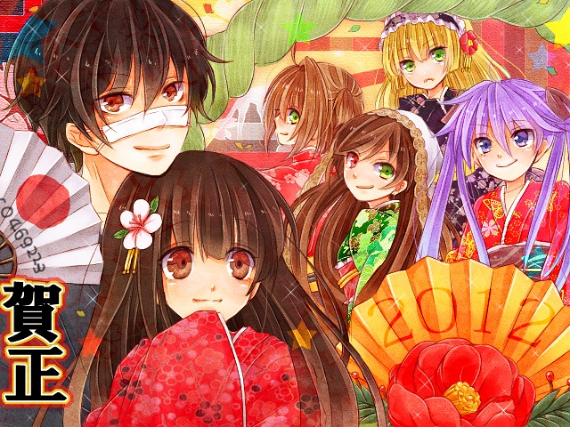 auto_tagged blonde_hair brown_hair eyepatch flower green_eyes hair_flower hair_ornament hairband image japanese_clothes kimono long_hair multiple multiple_girls purple_eyes purple_hair red_eyes short_hair smile tagme twintails