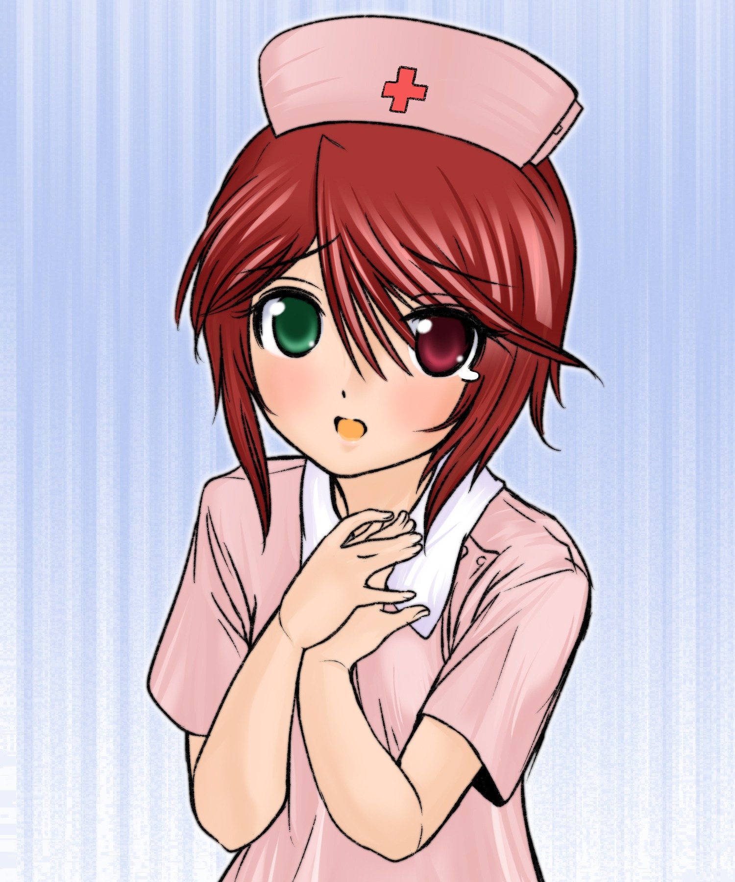 1girl :d blue_background blush dress hands_together hat heterochromia image looking_at_viewer nurse nurse_cap open_mouth own_hands_together pink_headwear red_eyes red_hair short_hair short_sleeves smile solo souseiseki upper_body vertical_stripes