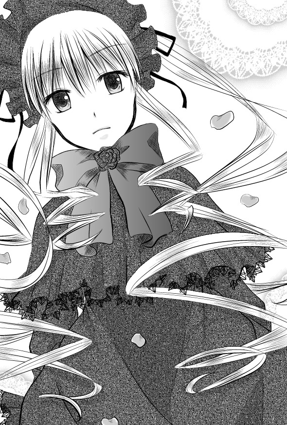 1girl bow bowtie capelet dress greyscale image long_hair long_sleeves looking_at_viewer monochrome petals ribbon shinku solo twintails