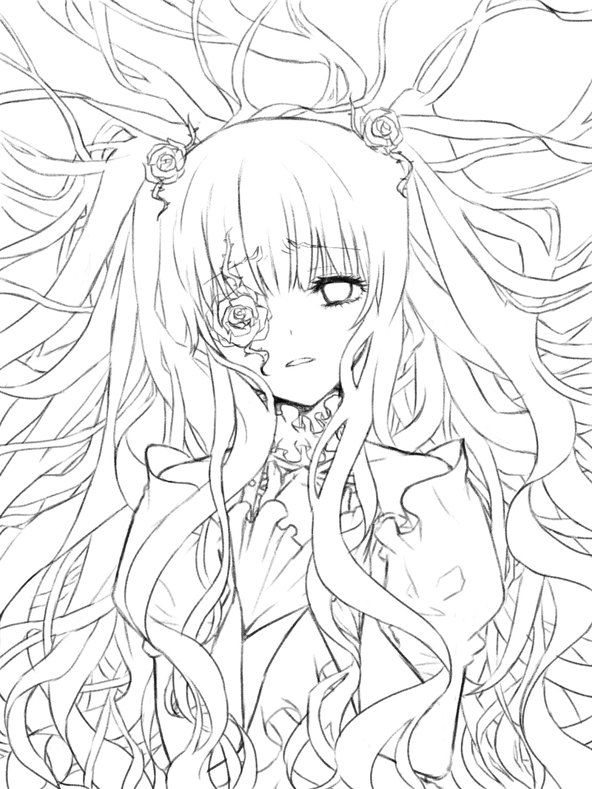 1girl dress eyepatch flower greyscale image kirakishou lineart long_hair looking_at_viewer monochrome rose solo upper_body very_long_hair