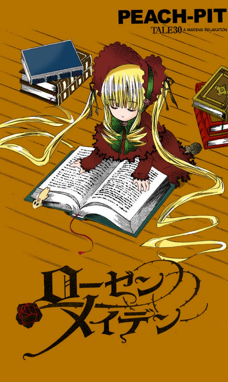 1girl blonde_hair bonnet book dress flower image long_hair long_sleeves red_flower red_rose rose shinku sitting sleeping solo teacup