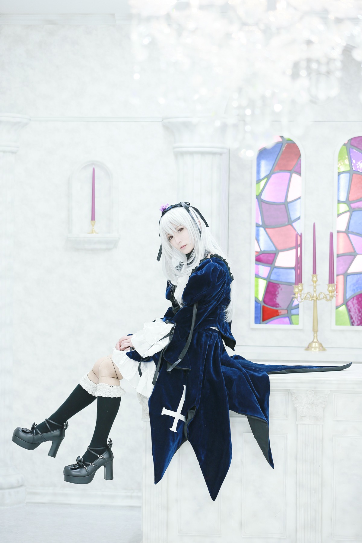 1girl black_legwear boots dress frills high_heels long_sleeves sitting solo suigintou