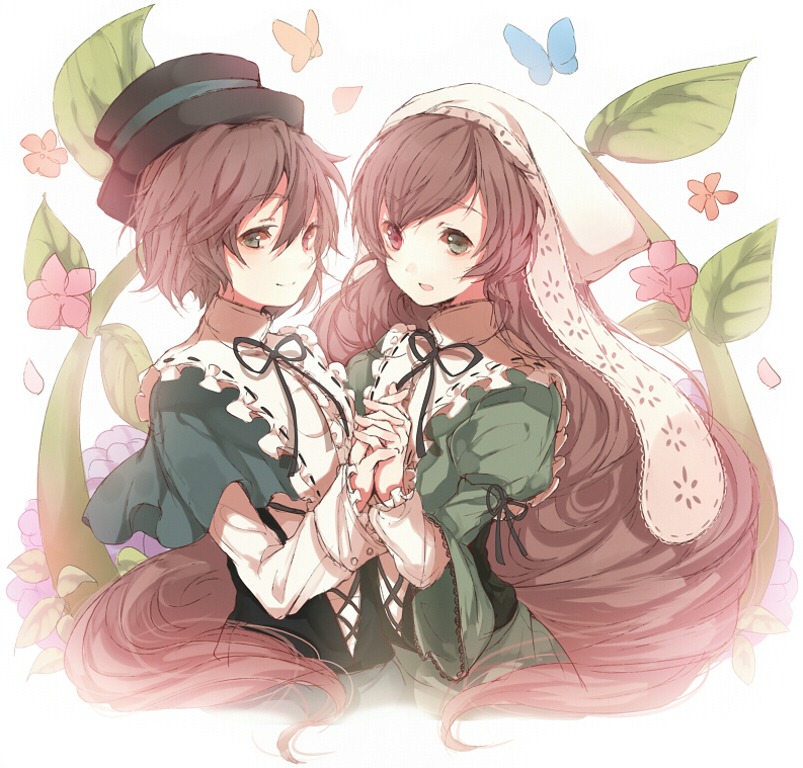 2girls bad_id bad_pixiv_id blue_butterfly brown_hair bug butterfly dress flower frills green_dress green_eyes hairband hat heterochromia holding_hands image insect interlocked_fingers leaf long_hair long_sleeves multiple_girls open_mouth pair ribbon rozen_maiden short_hair siblings sisters smile souseiseki suiseiseki tetsuo top_hat twins very_long_hair