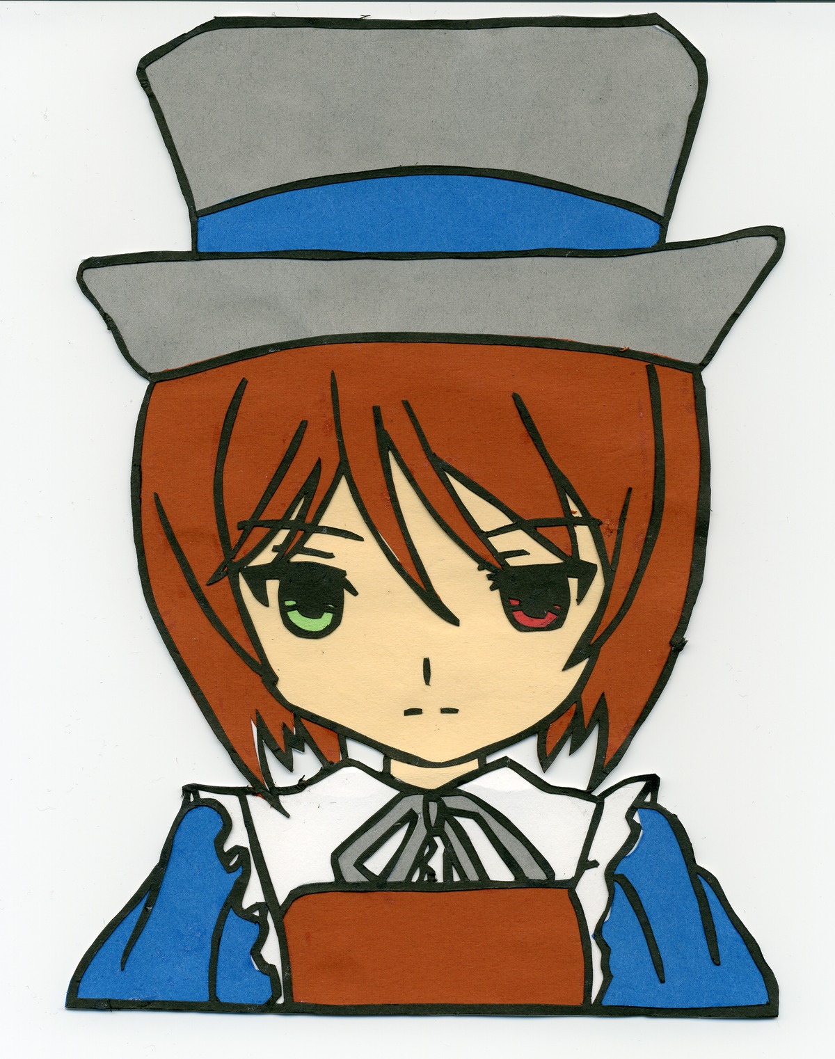 1girl blue_dress bow brown_hair closed_mouth dress hat heterochromia image looking_at_viewer red_eyes ribbon short_hair simple_background solo souseiseki