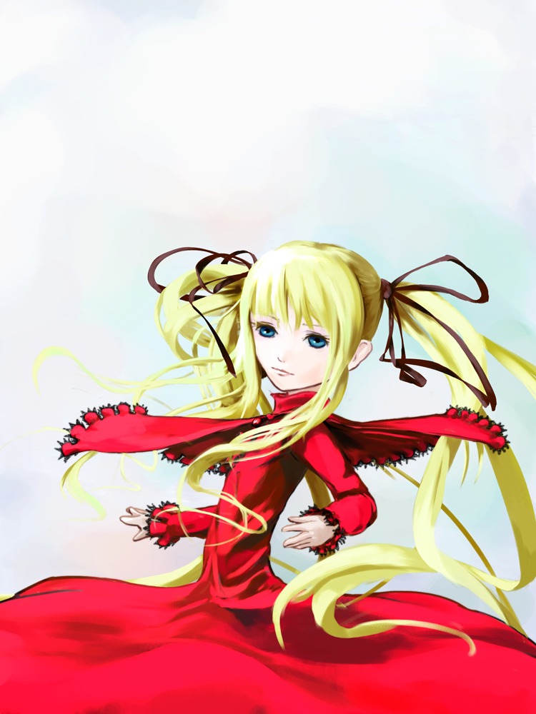 1girl blonde_hair blue_eyes dress hair_ribbon image long_hair long_sleeves looking_at_viewer red_dress ribbon shinku sidelocks solo twintails very_long_hair