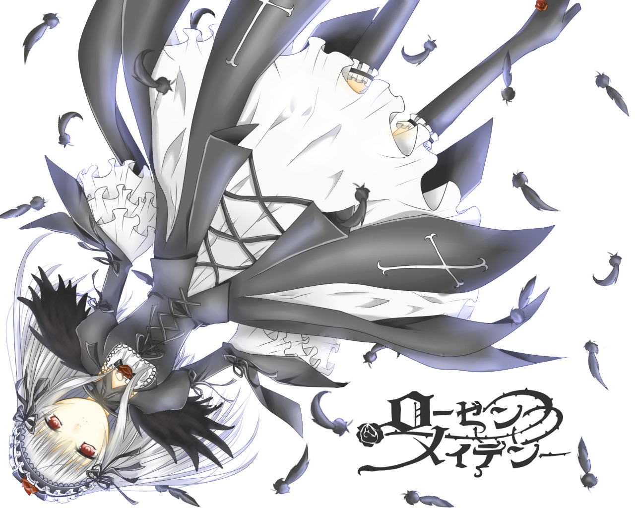 1girl bird black_feathers black_wings dress feathers flower frills hairband image juliet_sleeves long_hair long_sleeves looking_at_viewer puffy_sleeves red_eyes ribbon rose silver_hair solo suigintou white_background wings