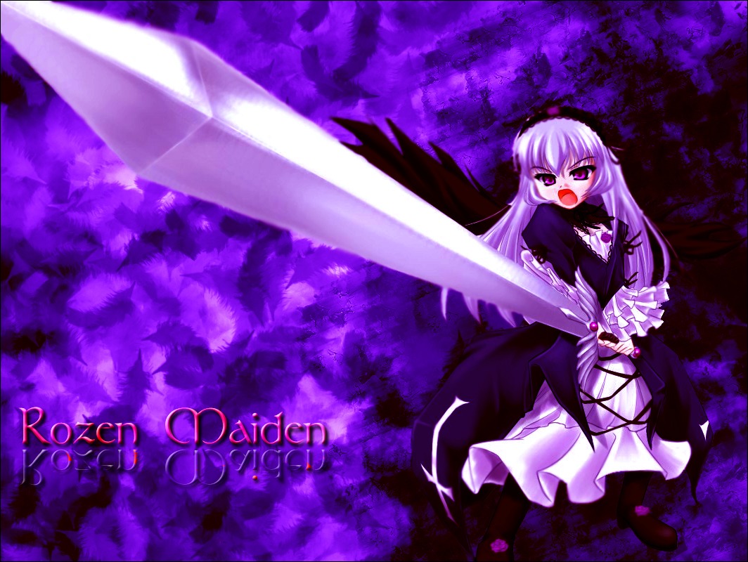 1girl black_wings boots dress frills full_body hairband holding holding_weapon image long_hair long_sleeves looking_at_viewer open_mouth purple_background rose solo suigintou sword very_long_hair weapon wings