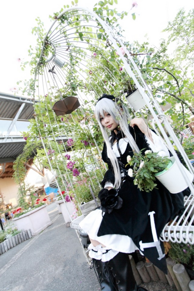 1girl 3d bouquet closed_eyes dress flower gloves long_hair solo suigintou very_long_hair white_hair