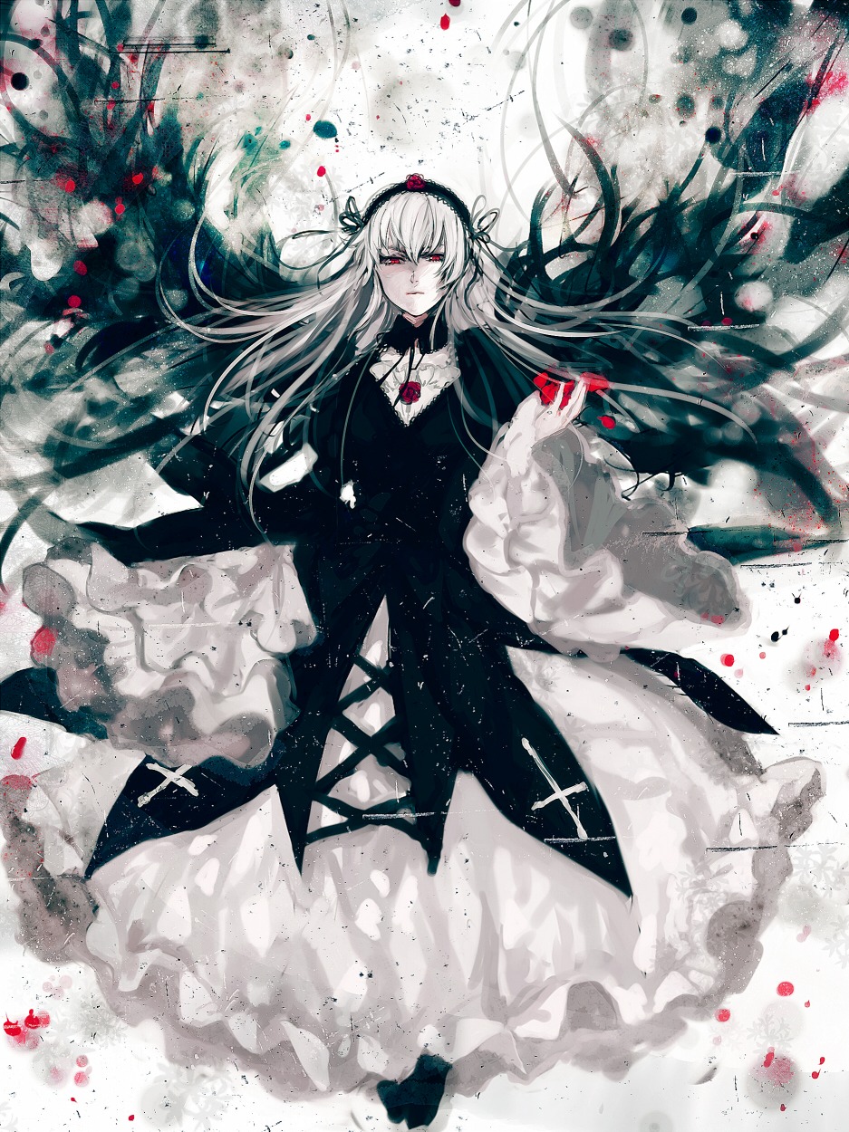 1girl auto_tagged bad_id bad_pixiv_id bangs black_dress closed_mouth dress flower gothic_lolita hairband highres image lolita_fashion long_hair long_sleeves lying minase_(mmakina) on_back petals red_eyes rose rose_petals rozen_maiden serious silver_hair solo suigintou very_long_hair wide_sleeves wings