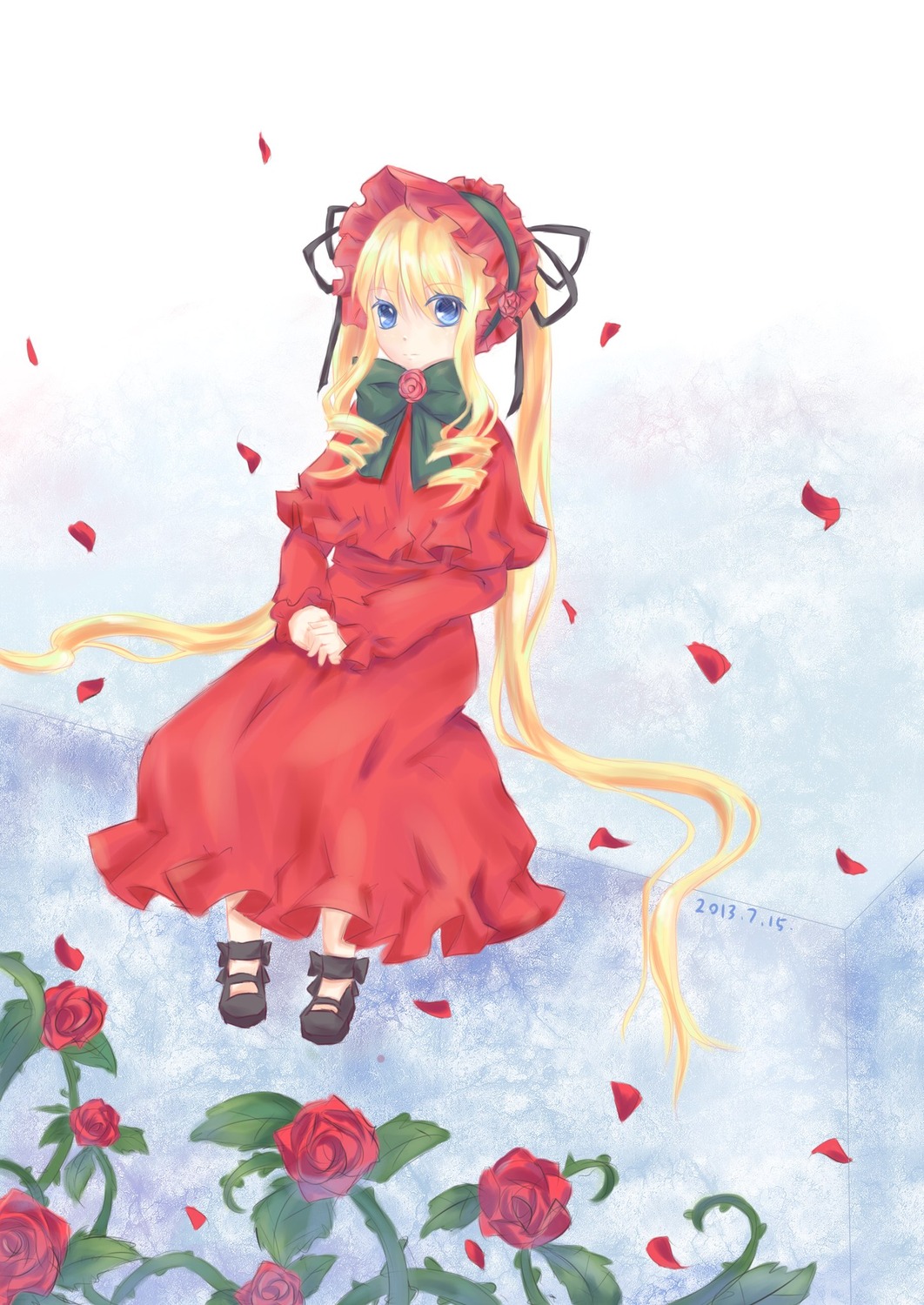 1girl blonde_hair blue_eyes bonnet bow capelet dress flower image long_hair long_sleeves petals pink_rose red_dress red_flower red_rose rose rose_petals shinku solo thorns twintails very_long_hair