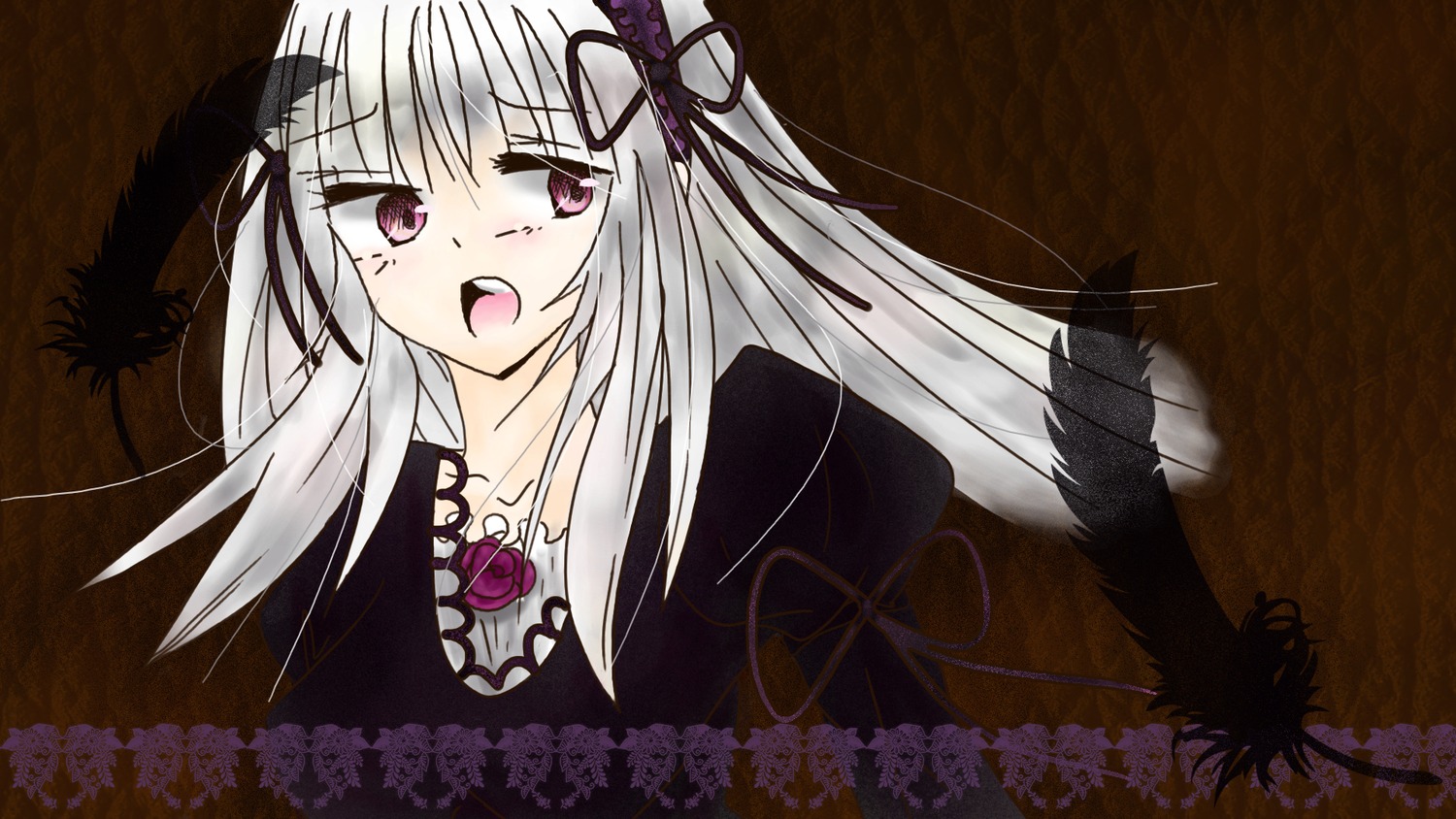 1girl black_wings dress flower hairband image long_hair looking_at_viewer open_mouth pink_eyes ribbon silver_hair solo suigintou upper_body