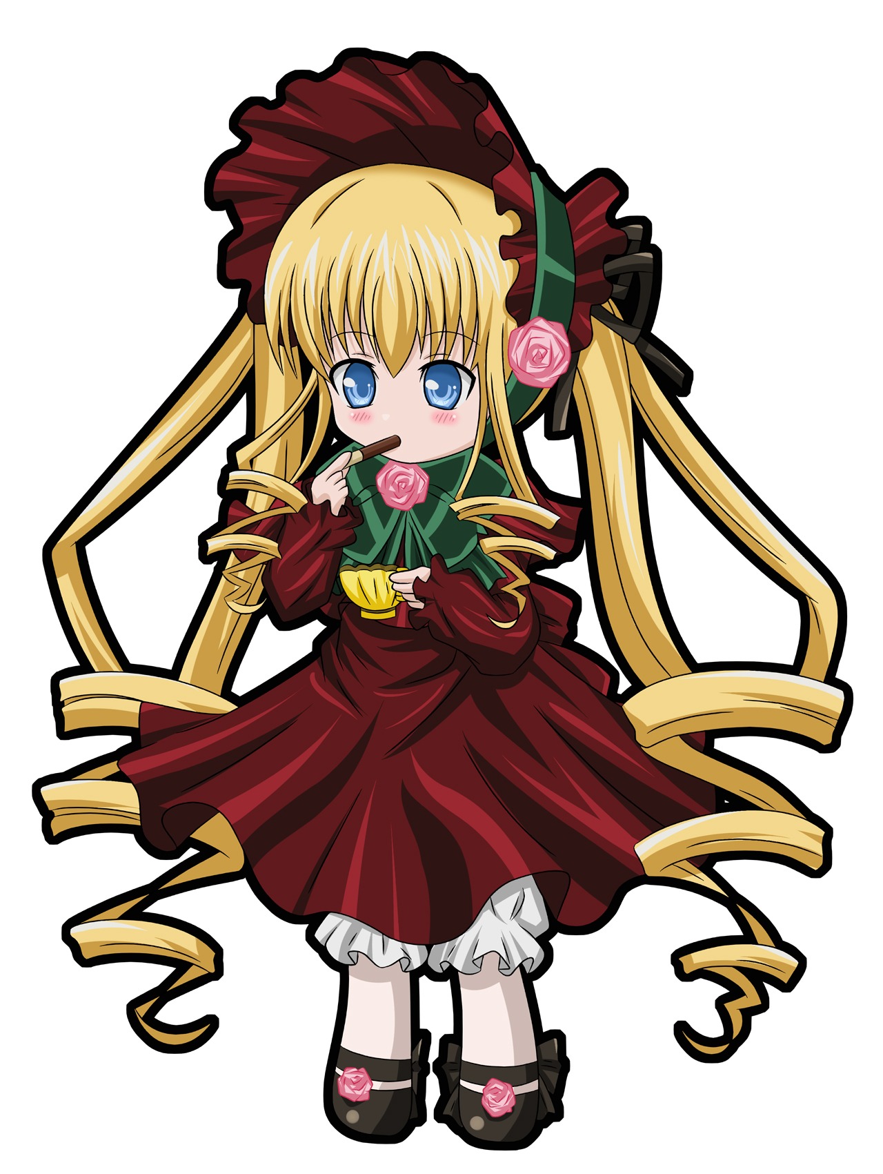 1girl blonde_hair bloomers blue_eyes blush bonnet bow dress drill_hair flower full_body image long_hair long_sleeves pink_flower pink_rose red_dress rose shinku shoes simple_background solo twin_drills twintails very_long_hair white_background